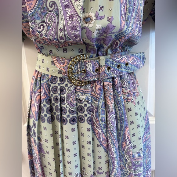 Leslie Fay Patchwork Print Dress Vintage Belted Pleated Skirt Women’s Size 10 - Picture 3 of 12